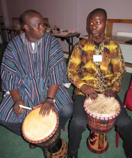 Drummer boys! Br Joseph plays traditional Ghanaian drums with Br Valerius. 